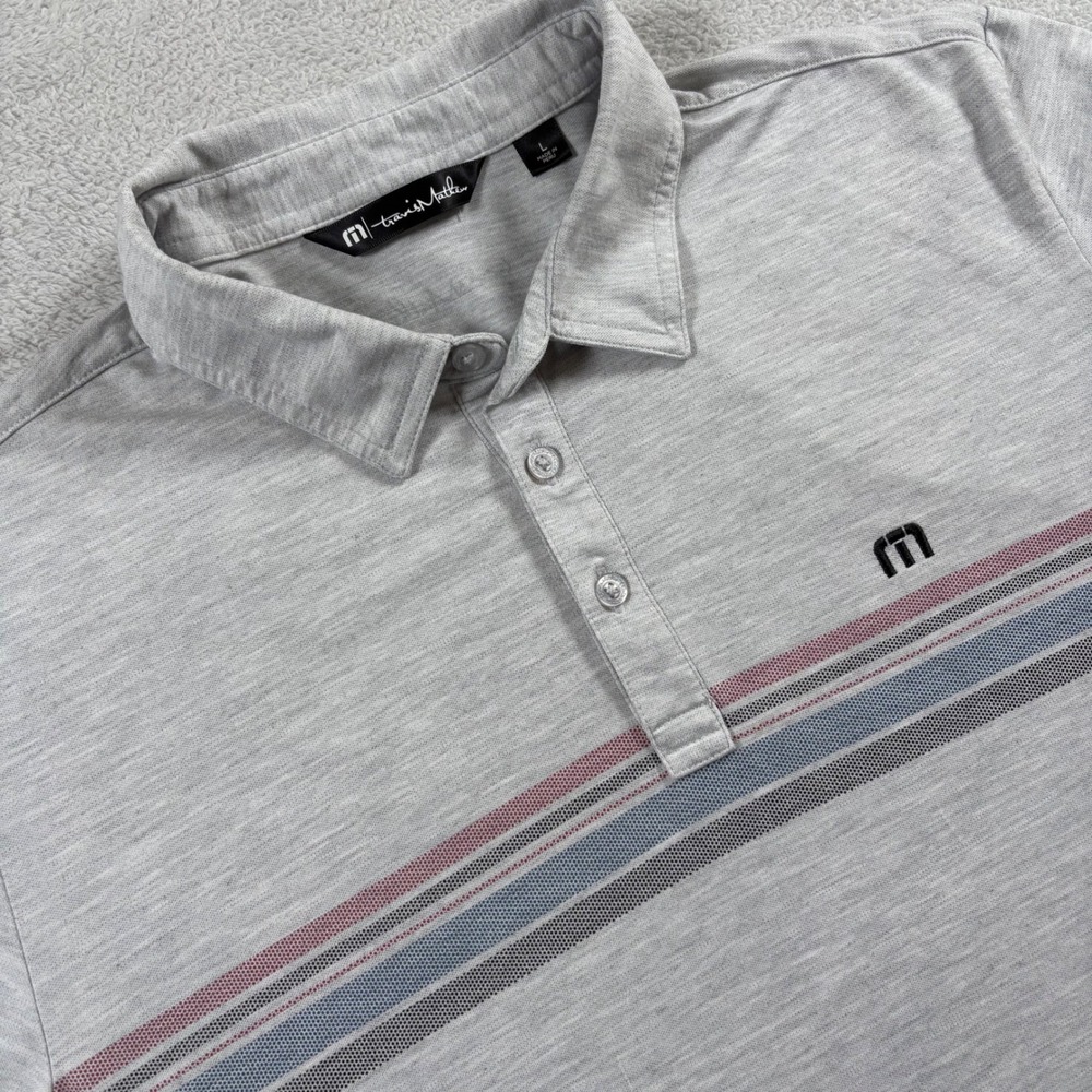 Travis Mathew Mens Gray Striped Short Sleeve Golf Polo Shirt Size L